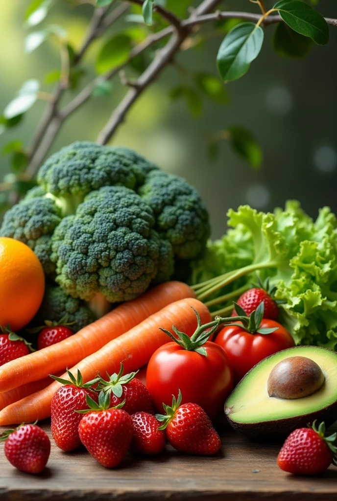 strawberry , carrot , tomato, broccoli , avocado. orange, plane tree, table , lettuce


