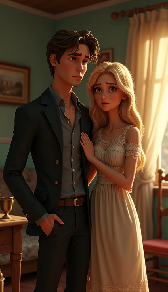 A sad handsome guy with his sad blonde wife at their home , pixar style, cinematic, masterpiece, high-aesthetic, portrait