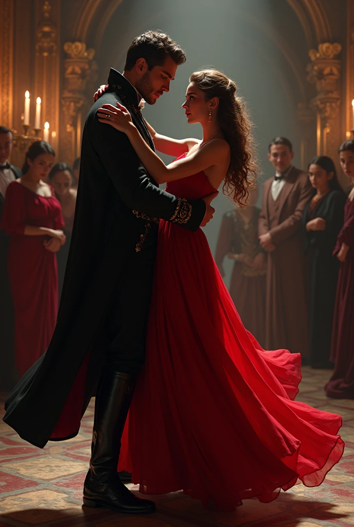 unknown prince of stunnig beauty and young beautiful woman, dancing in dark castel while everyone is watching them in envy way, red dress, dark
