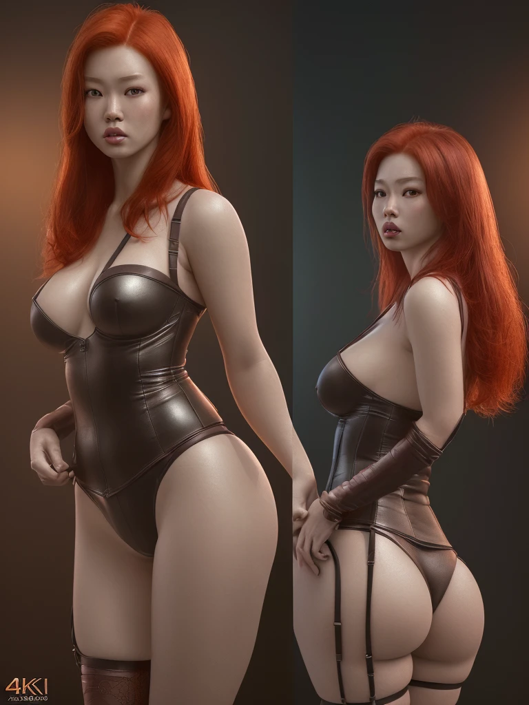 a desperate redhead asian girl,sexy leather lingerie,breasts almost out,ass showing,ultra-detailed,(realistic,photorealistic,photo-realistic:1.37),(best quality,4k,8k,highres,masterpiece:1.2),ultra-fine painting,physically-based rendering,extreme detail description,vivid colors,HDR,studio lighting