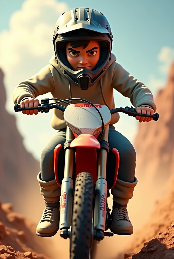 Make a animated picture of a guy in a hudy with a dirt bike helmet on