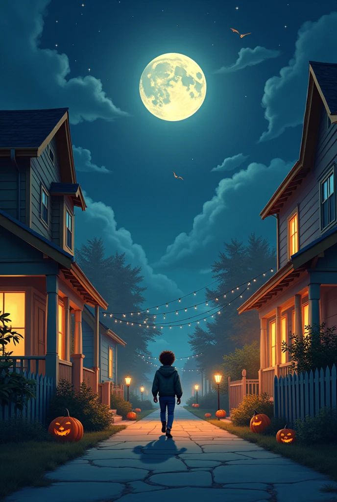 prompt (Spanish): Mateo walks down the street, with the moonlight illuminating their path. The houses are decorated with night decorations.
prompt (English): Mateo walking down the street, illuminated by moonlight. The houses are adorned with nighttime decorations.