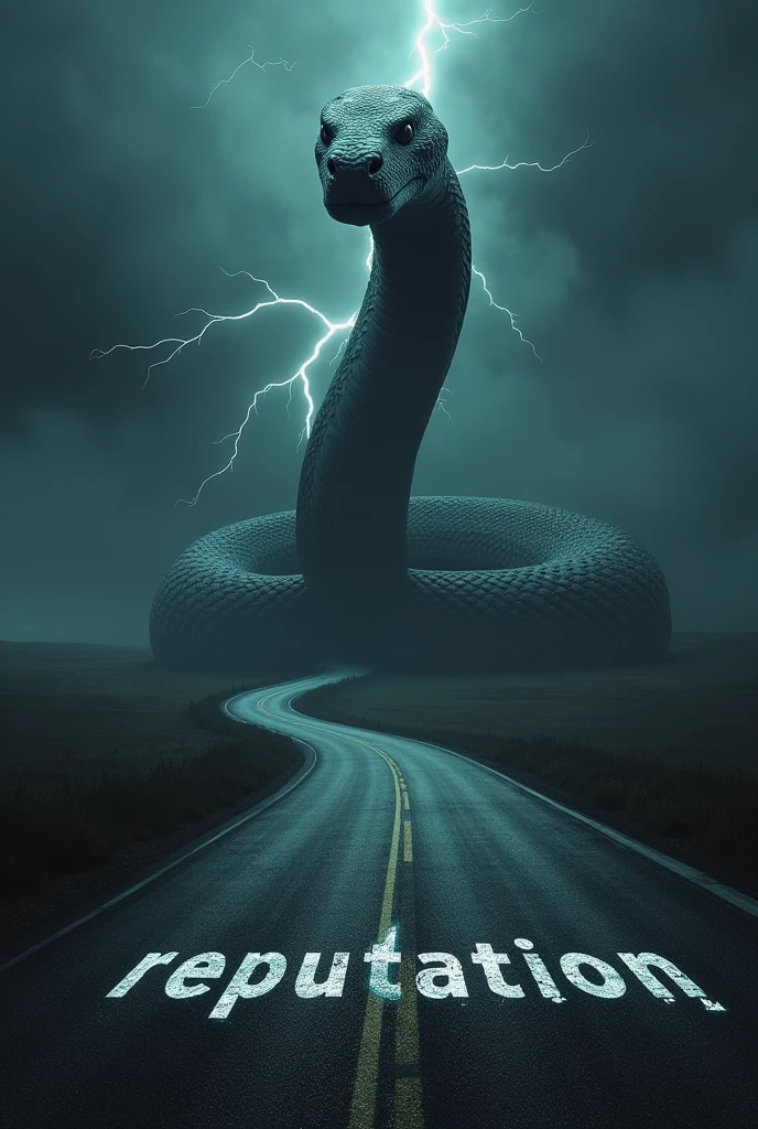 I would love a dark black sky, with lightning in the background and in the middle on a road in a stormy-glitch like (do you know what I mean) landscape, and in the middle of that road I would love a giant snake standing up 🐍 like this but looking at you, with the text underneath it (in the road if possible) Reputation