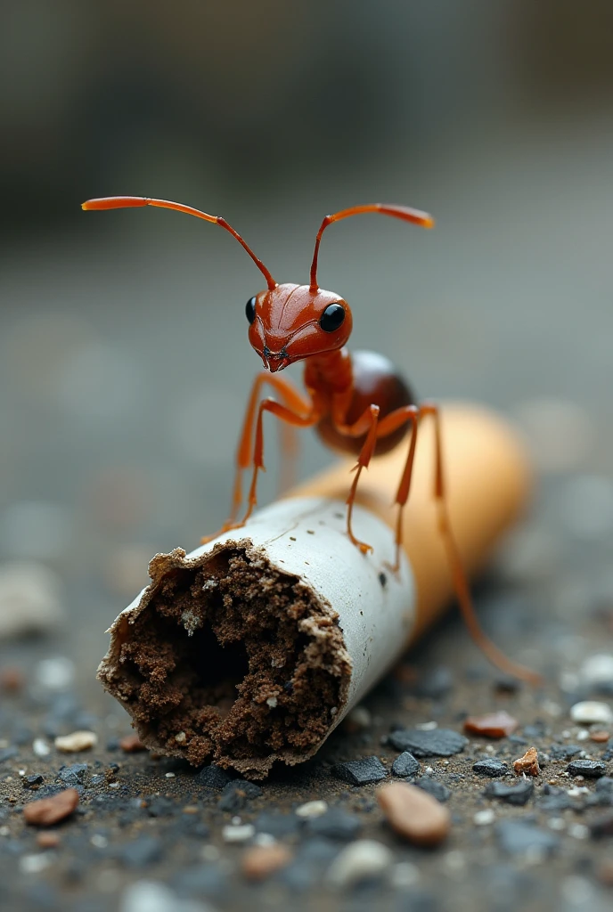 An ant on a cigarette butt 