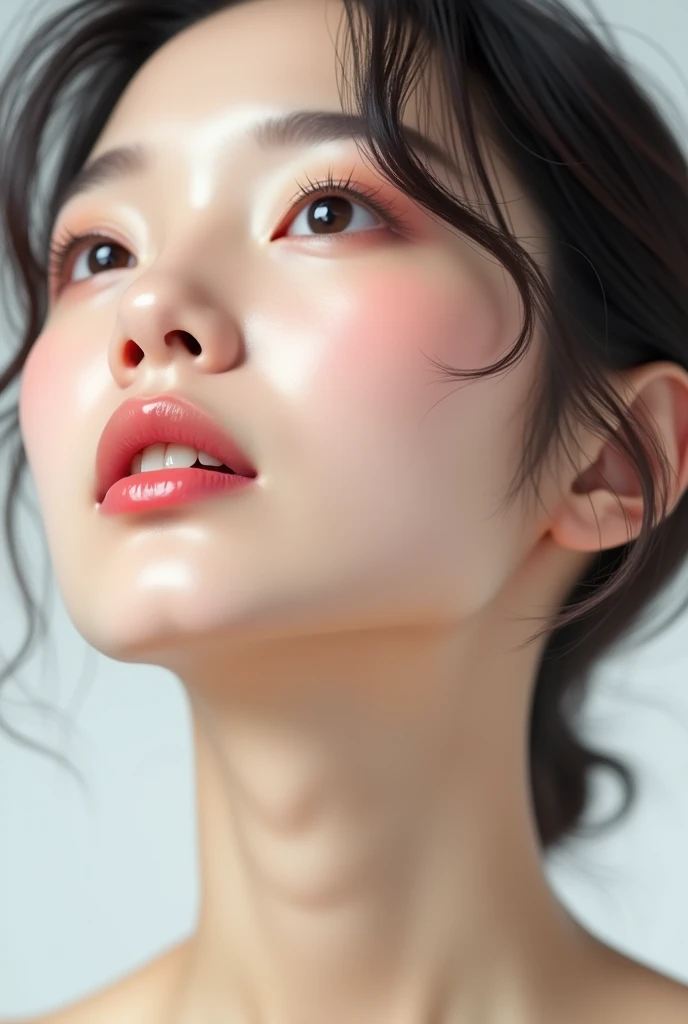 Japanese、Natural Skin、Flawless, She has smooth skin and a gentle yet seductive expression.、Design a breathtaking female close-up. The lips are soft and slightly curved., A smile that is barely visible suggests something deeper, tongueを出している、She tilts her head upwards, It gives an elegant and calm impression.. background should be white, Emphasize her elegance."tongue, tongueを出す, Shortcuts、40s