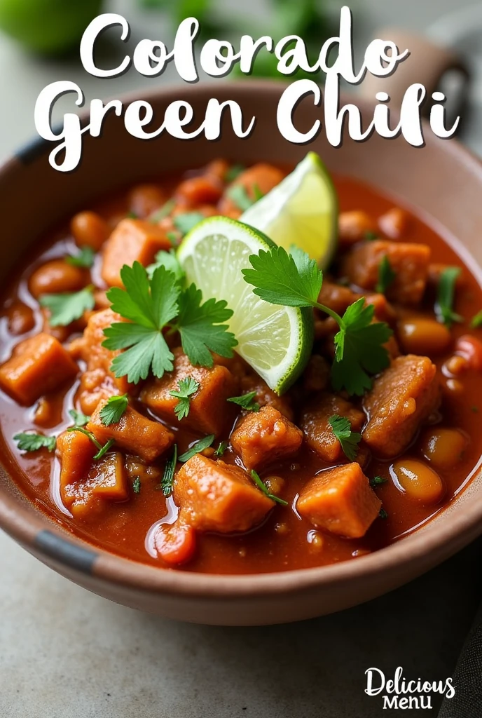 Create an inviting Pinterest image showcasing a delicious bowl of Colorado Green Chili. The chili should look hearty and flavorful, with chunks of green chilies, tender meat, and fresh garnishes like cilantro and lime wedges. Include a subtle but elegant text overlay that reads 'Colorado Green Chili Recipes' in a stylish, easy-to-read font. Add a watermark in the bottom corner that says 'Delicious Menu' in a small, tasteful size to ensure it’s clearly visible but not distracting.