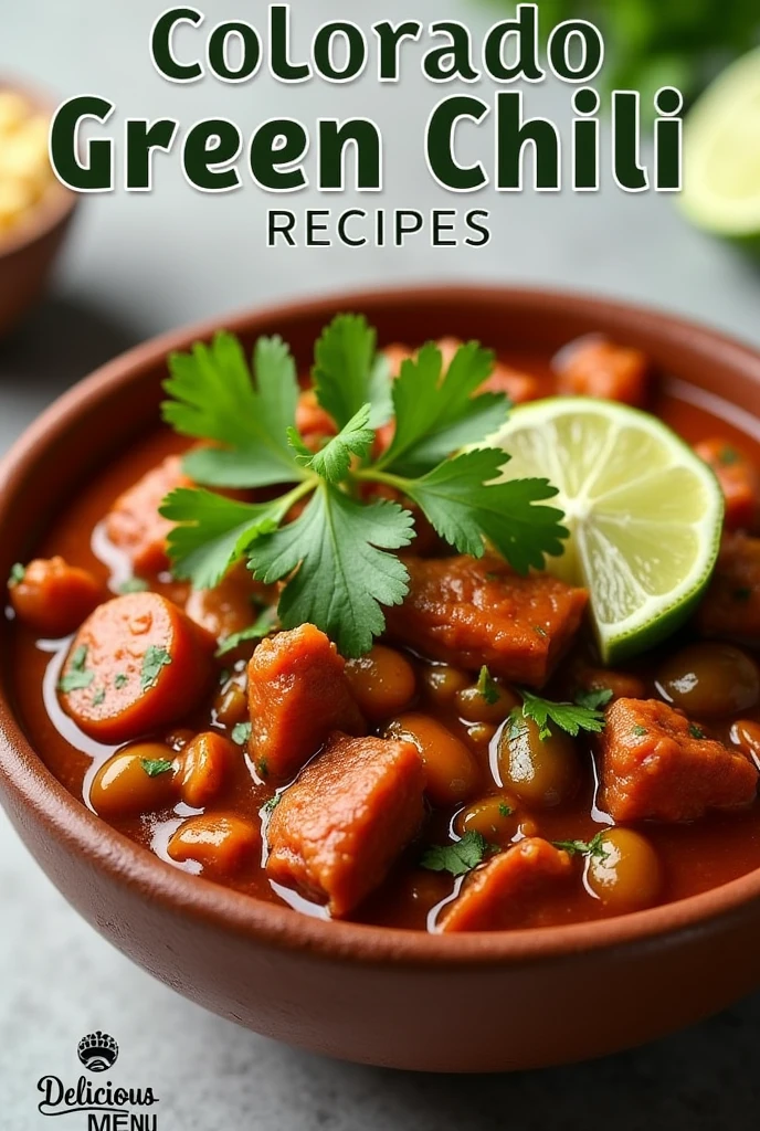 Create an inviting Pinterest image showcasing a delicious bowl of Colorado Green Chili. The chili should look hearty and flavorful, with chunks of green chilies, tender meat, and fresh garnishes like cilantro and lime wedges. Include a subtle but elegant text overlay that reads 'Colorado Green Chili Recipes' in a stylish, easy-to-read font. Add a watermark in the bottom corner that says 'Delicious Menu' in a small, tasteful size to ensure it’s clearly visible but not distracting.