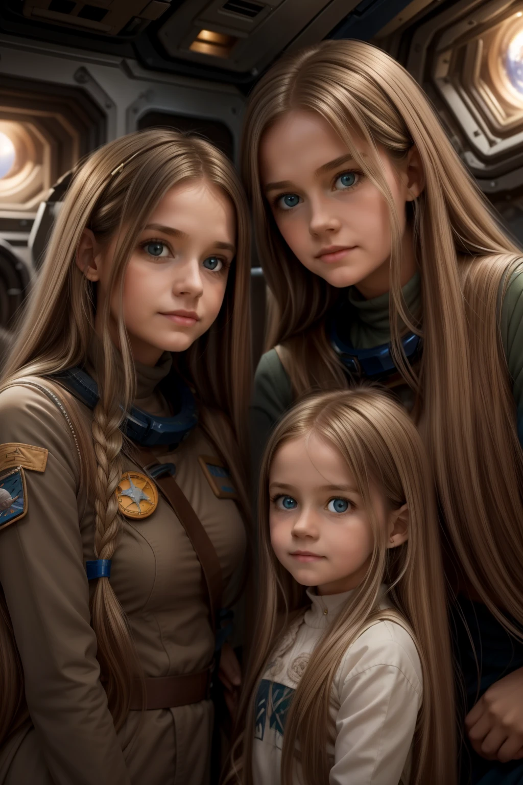 two little girls and a mother in a space station, a  with long blond hair, a  with long brown hair. Mom with long hair and dark green eyes