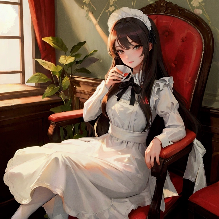 ((best quality)), ((masterpiece)), (detailed), 1girl, drinking tea, maid dress, sitting on chair, long hair