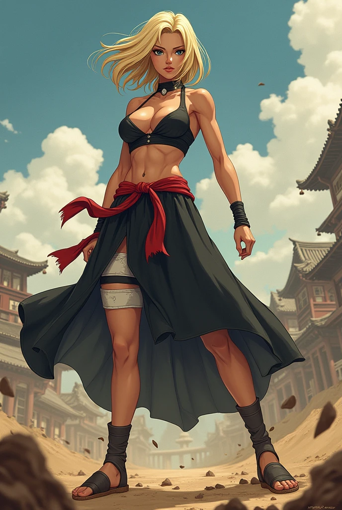 In Naruto style female with kimono looking top A tall and large, tan skinned woman with serious, black eyes, no eyebrows, a hooked nose and a lean face. She has straight, light blonde hair, she is in a battle her appearance of clothing she has spilt in her skirt and she has sandals is light take inspiration from Tsunade and Mei terumi with fullbody and face shots profiles