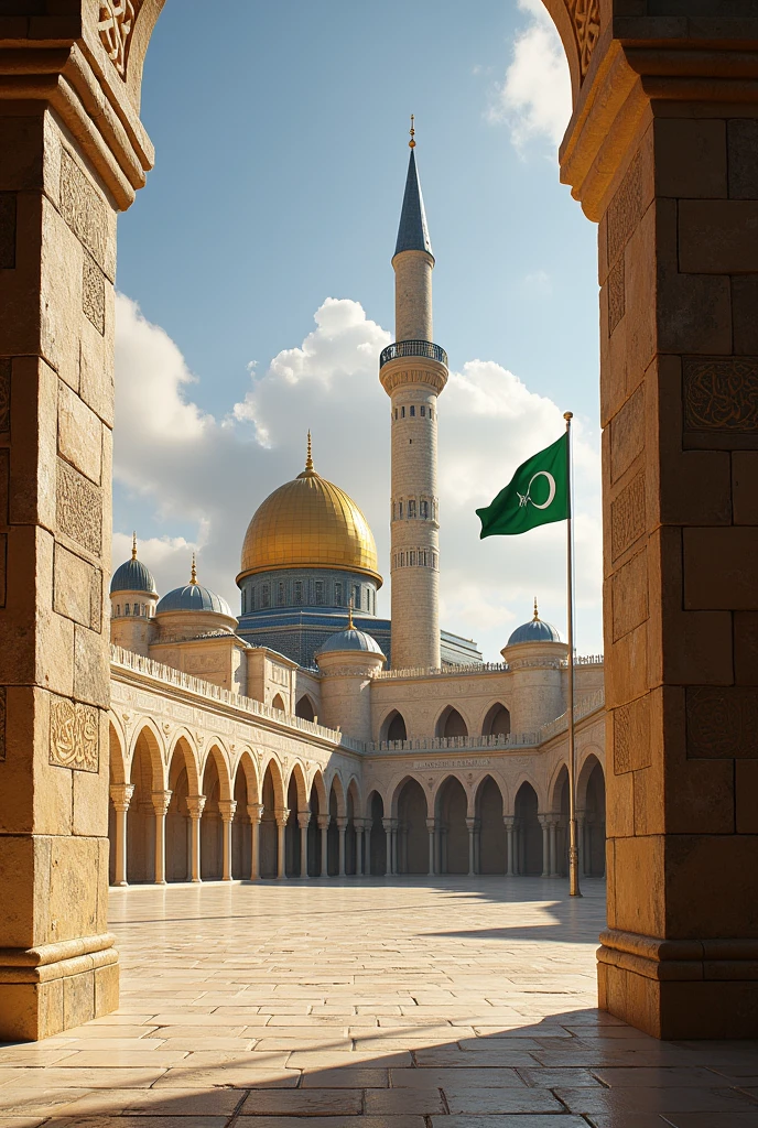 Ancient mosques aqsa heritage with islamic flag near wall of Umer mosque
