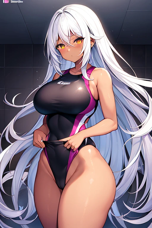 1girl, dark skin, black skin, dark-skinned female, white hair, long hair, large breasts, wide hips, thick thighs, sportswear, shy, timid, blushing, sportswear, hourglass figure, mature female, skin tight, tight clothes, ((competition swimsuit)), text, numbers, number, checkered, checkered background