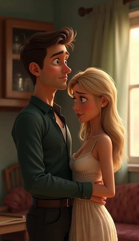 A sad handsome guy with his sad blonde wife at their home , pixar style, cinematic, masterpiece, high-aesthetic, portrait