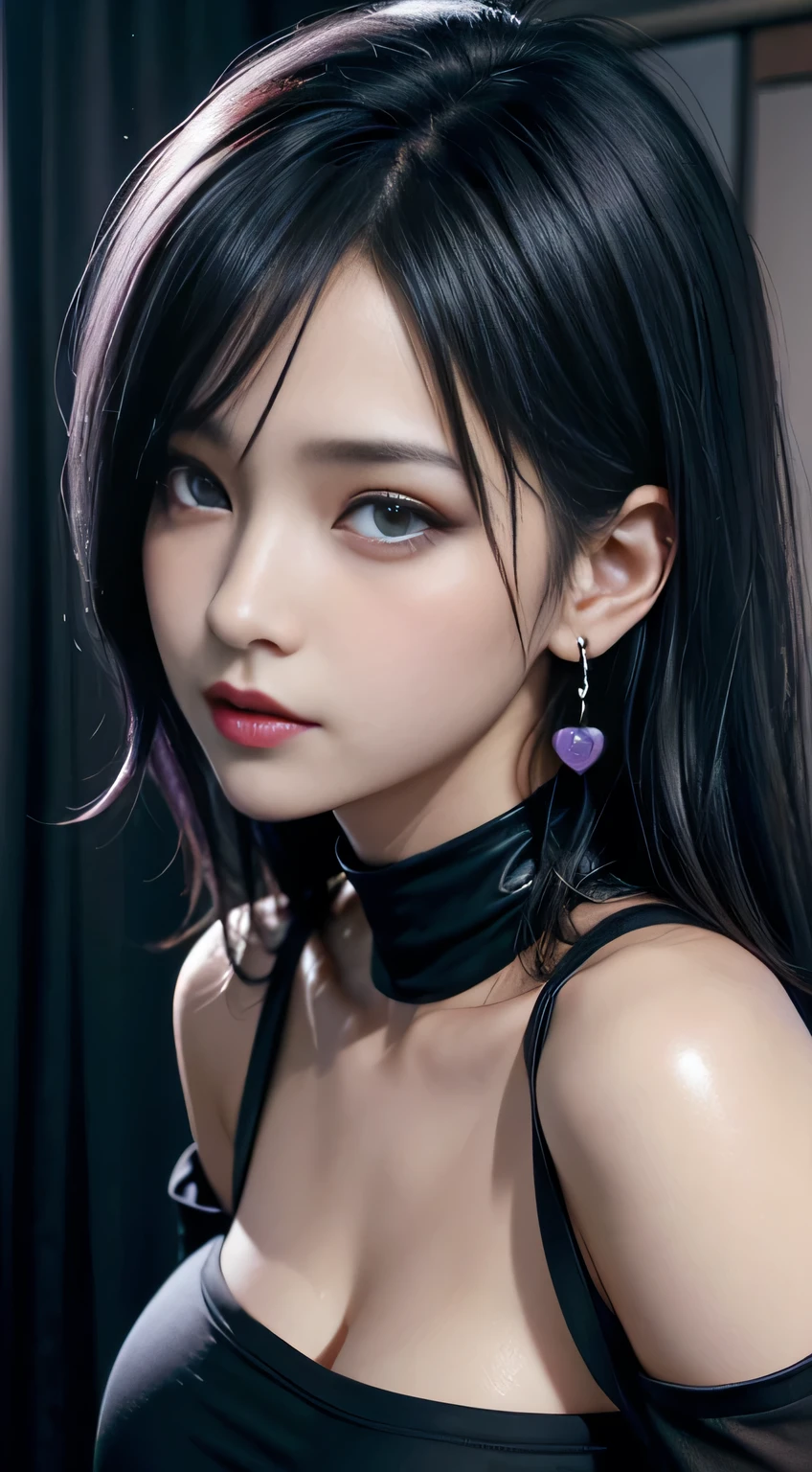 cinematic lighting、(key light:Front 45 degree angle, Fill Light、Backlight、Shadow、Blue and orange color palette), accurate human body、knowledgeable person、Correct five-finger、Raw photo、4K - ultra-vivid、highest quality, masterpiece, ultra high resolution, (reality: 1.4), (((oil skin,glowing skin、realistic skin texture、Fine and beautiful skin、shiny skin、shiny skin)))、 Beautiful young, 1 girl, Attractive girl, Cool girl、girl、mini skirt、Black mask、((赤いdark makeup))、((big breasts)) 、 girl1, purple eyes, Off-the-shoulder sweater dresses, cinematic lighting、Purple and black hair、(Mine girl、Goth Makeup、my makeup)、(Pierced Ears、big breasts、An oversized black t-shirt with open shoulders、Dark mini skirt)、((dark makeup、oil skin,glowing skin、realistic skin texture、Fine and beautiful skin、shiny skin)), Dark downtown at night、Goth Makeup、Kabukicho、Dark Cyberpunk、(full shot:1.8)、thin legs、thin arms、thin shoulders、thin waist、slender body、beautiful breasts、whole body、full of embarrassment、sexy pose、(((big breasts、big breasts)))、(((exclamation mark, Moaning, Many Hearts,spoken heart, comic strip, moving line, motion blur, Shaking violently, lots of heart speech bubbles、shout)))、