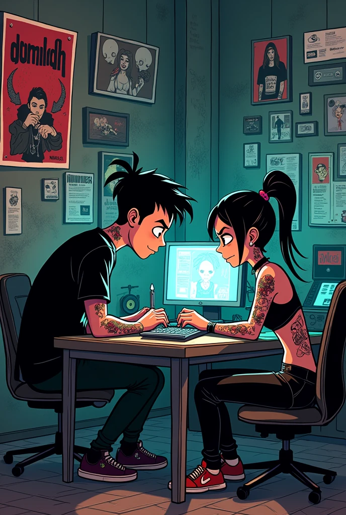 Create a 90s cartoon image of a couple designing something on a computer in a music and art studio., the hiphop style boy and the gothic style girl, that the design is a punk illustration type, the two tattooed and white