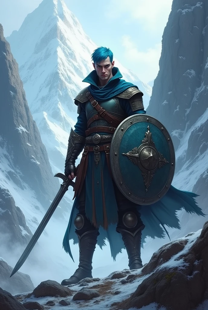 half-elf male warrior with hood and short blue hair