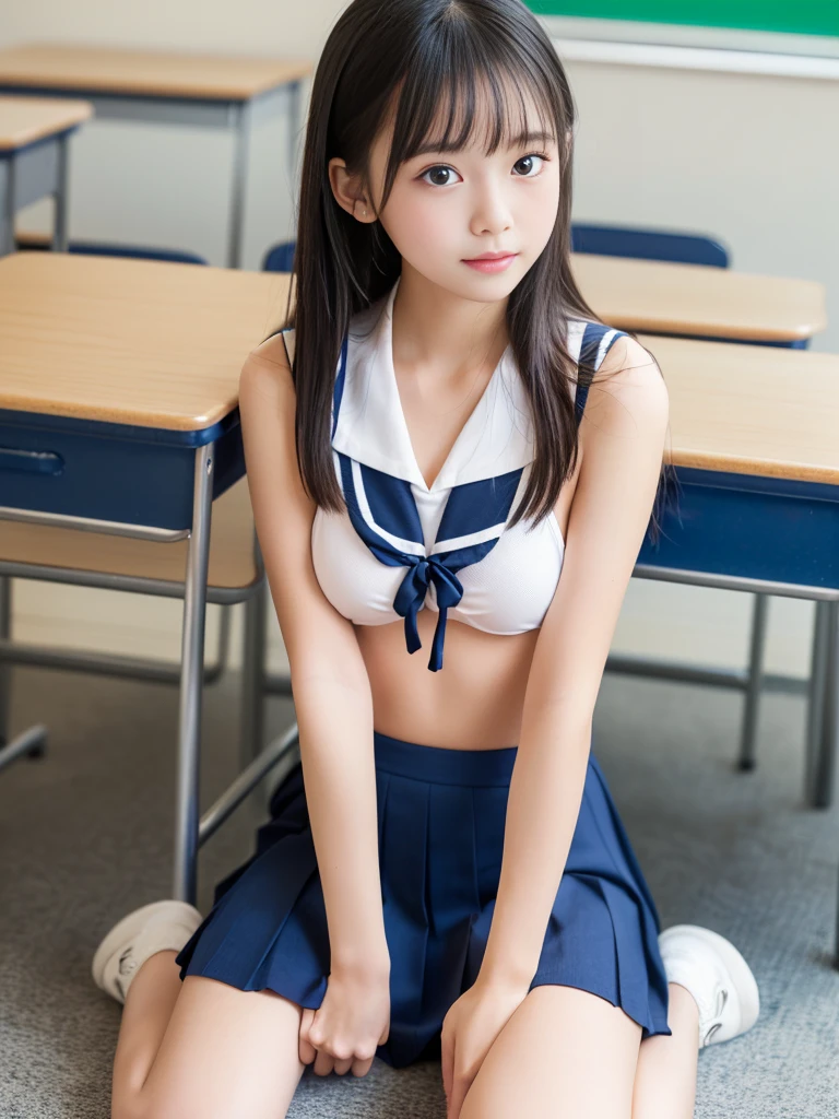 ((high quality,high resolution,High definition,8k)),School classroom, Girl,Long Black Hair,Red ribbon on hair,Navy blue long skirt,Japanese Sailor Suit,Blue and white slippers,White socks,Study desk learning,((((very cute)))),((What to wear(School uniform) or super micro bikini or completely naked)),(((When you're naked perfect pussy))),((Realistic schoolgirl vagina:1.2)),(Very childlike),