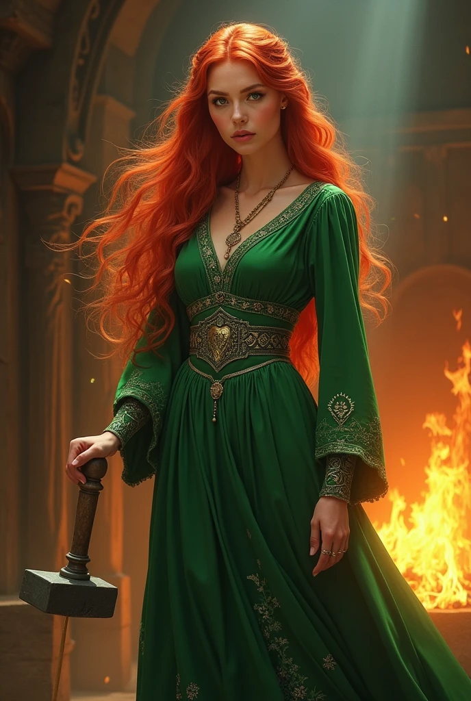 Brigid, the revered Irish goddess, stands tall and radiant in her divine glory. She is known as the goddess of smiths and forges, a symbol of creativity and craftsmanship. Her presence is captivating, commanding respect and awe. With flowing fiery red hair and piercing green eyes, she embodies the essence of Irish beauty. Dressed in a flowing gown of vibrant green, adorned with intricate Celtic patterns, she exudes elegance and grace. Brigid's hands, both delicate and powerful, hold the tools of her trade, a hammer and anvil, symbols of her mastery over the forge. The room she stands in is bathed in a warm glow, emanating from the flickering flames of the hearth. As she gazes into a