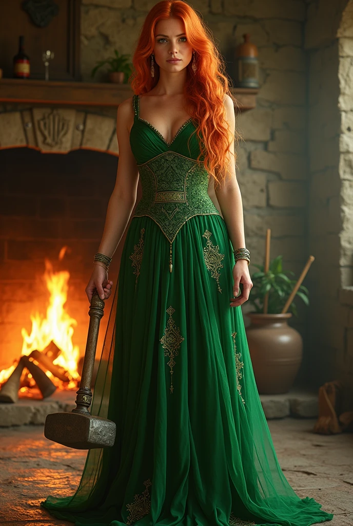 Brigid, the revered Irish goddess, stands tall and radiant in her divine glory. She is known as the goddess of smiths and forges, a symbol of creativity and craftsmanship. Her presence is captivating, commanding respect and awe. With flowing fiery red hair and piercing green eyes, she embodies the essence of Irish beauty. Dressed in a flowing gown of vibrant green, adorned with intricate Celtic patterns, she exudes elegance and grace. Brigid's hands, both delicate and powerful, hold the tools of her trade, a hammer and anvil, symbols of her mastery over the forge. The room she stands in is bathed in a warm glow, emanating from the flickering flames of the hearth. As she gazes into a