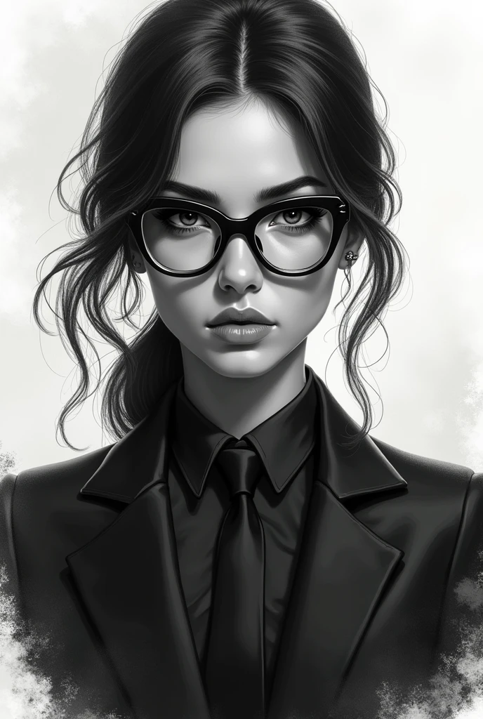 a black and white drawing of a woman with glasses and a tie, art of alessandro pautasso, air brush illustration, epic portrait illustration, monochromatic airbrush painting, high quality sketch art, Mr. Károly Lotz, arte vetor preto e branco, high quality sketch, portrait illustration, black and white illustration, digital art with airbrush, epic pencil illustration