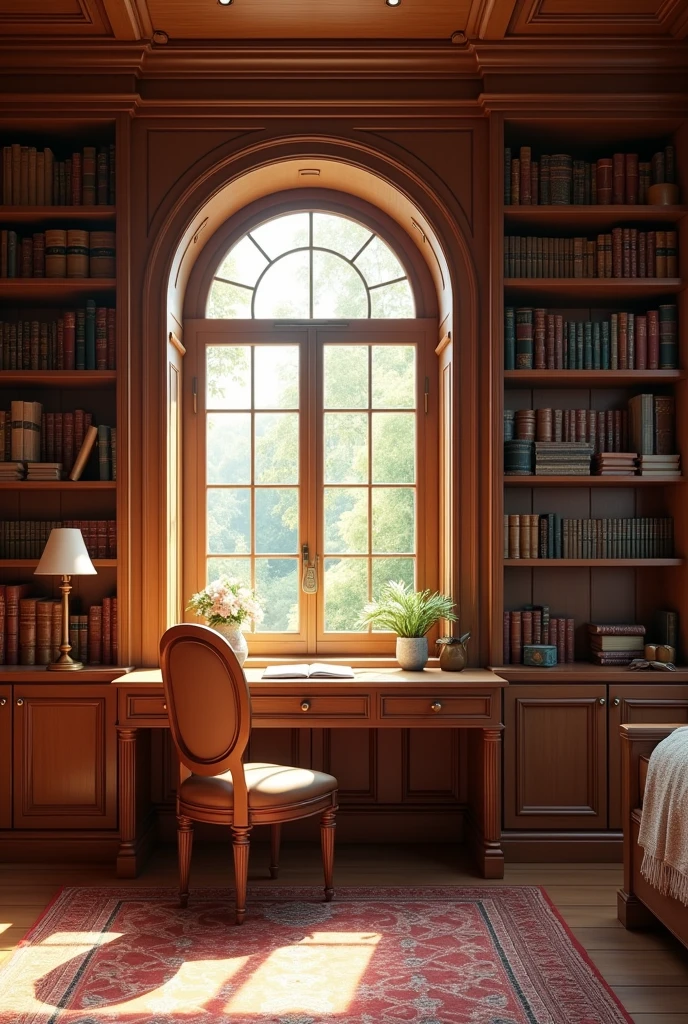 A wooden room with a bedroom, Bookcases, a wooden desk and chair with a medium-sized glass window