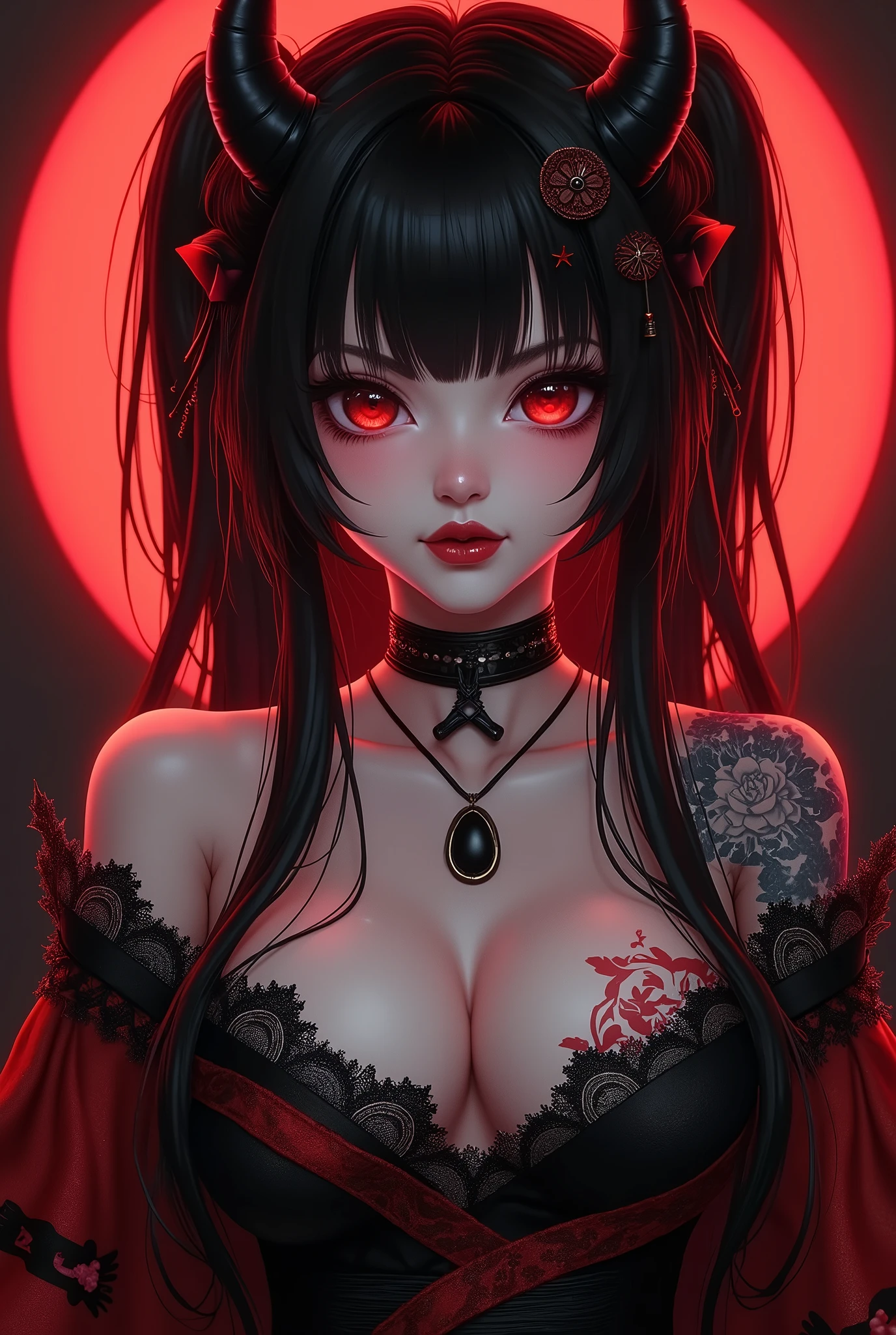 A girl with long loose black hair, crimson red eyes. Deep red lipstick, red eye shadow , very big breasts, black demon horns, upper body with geisha clothes , big breasts, portrait, Masterpiece, Best quality, gif,1 girl, Solo, Natural skin texture, Realistic black eyes and facial details :5),(Dark :1. 4), Deep shadows, Extremely detailed beauty, Detailed eyes and face, sharp black eyes, Red lipstick, No black eyeliner, Detailed Gothic costumes, pony tails, Black hair, nikon d850 film, Surreal, Authentic textures, Dramatic, lighting, illusory engine, (facial clarity :1). 5), (Transparent clothes :1); 1) Gothic style, Black lace, tattoo. Japanese girl with more or less long black hair with bangs and red highlights, e sexy, Lady,Red hair,dress,beautiful,anime,tattoo, face portrait, close up, big beautiful detailed eyes, ulzzang, art nouveau, candy, sweets, tattoo background pattern, tapestry, backlit, neon palette, red eyes,

