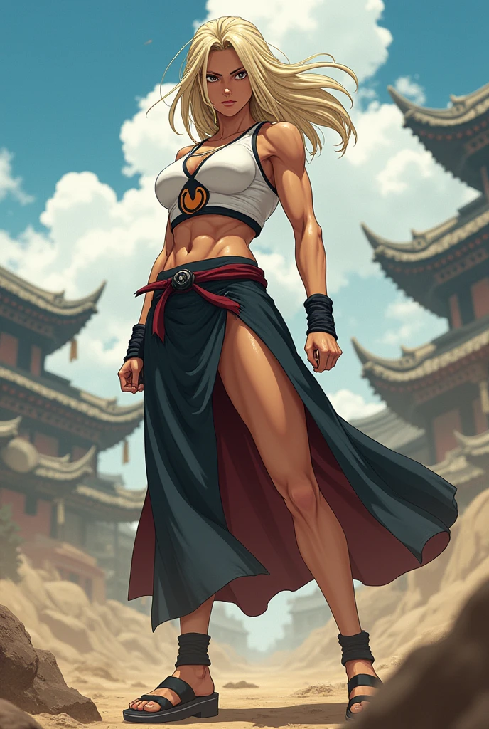 In Naruto style female with kimono looking top A tall and large, tan skinned woman with serious, black eyes, no eyebrows, a hooked nose and a lean face. She has straight, light blonde hair, she is in a battle her appearance of clothing she has spilt in her skirt and she has sandals is light take inspiration from Tsunade and Mei terumi with fullbody and face shots profiles