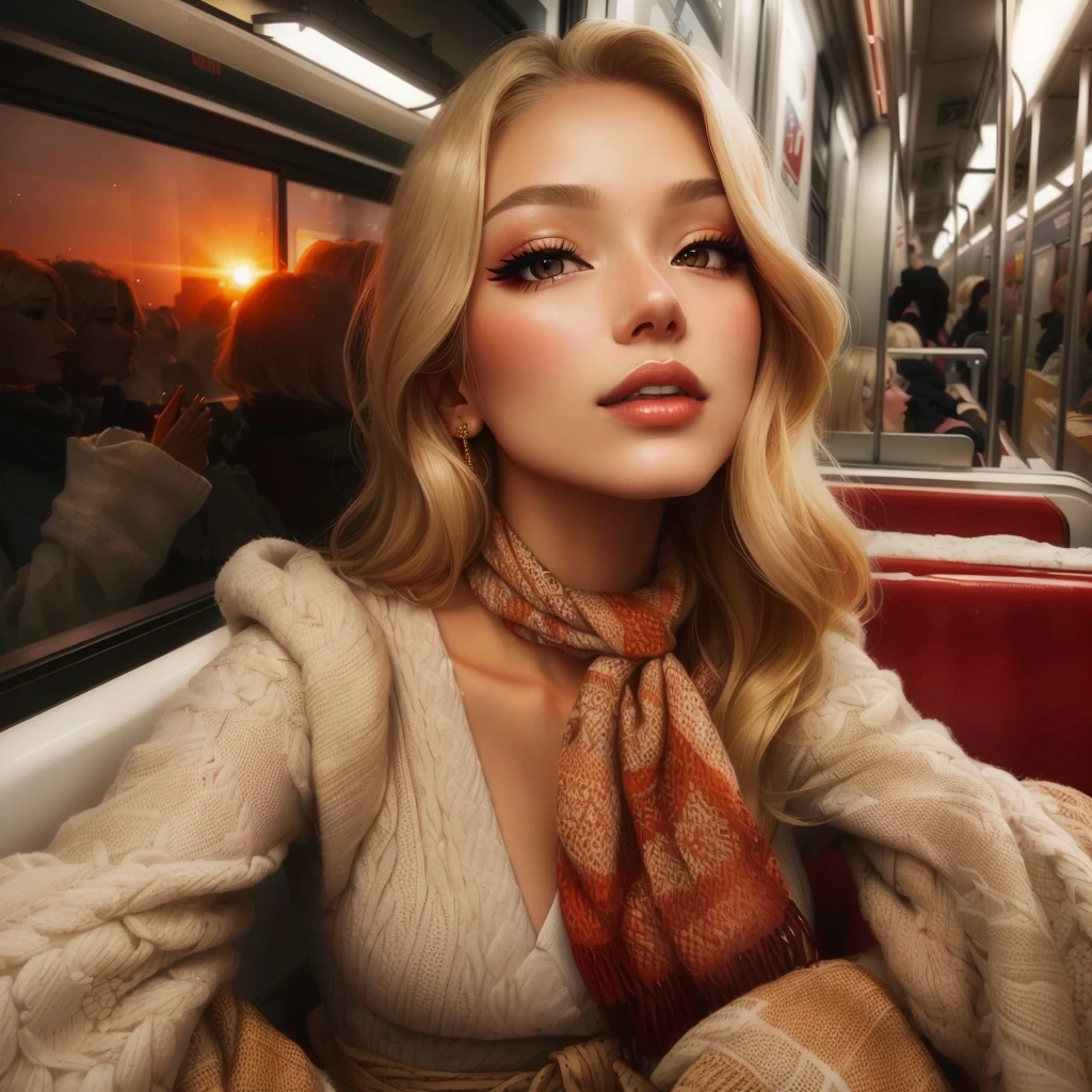 blond woman with makeup and scarf on train looking out window, golden hour look, sexy lips :5 stylish, instagram model, by Emma Andijewska, sexy face with full makeup, sultry look, makeup, aesthetic portrait, pop makeup style, 7 0 s vibe, face like ester exposito, light makeup focus, warm glow from the lights, light makeup, korean girl