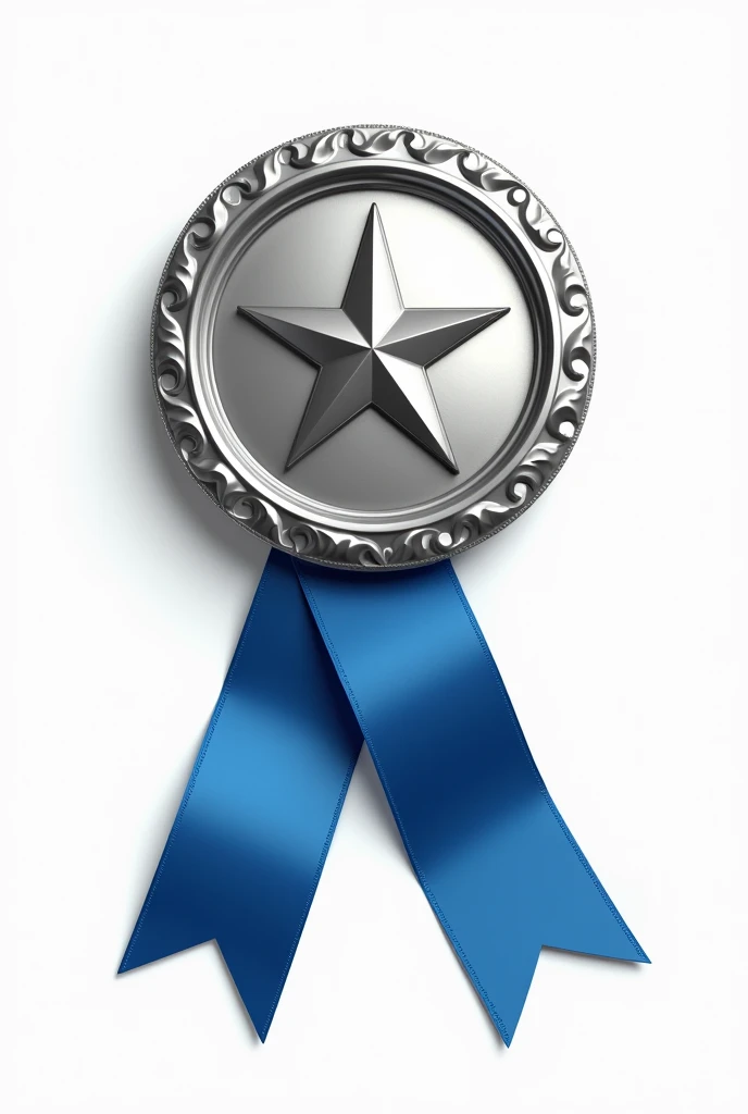 Silver medal with blue ribbon on white background with a star in the center