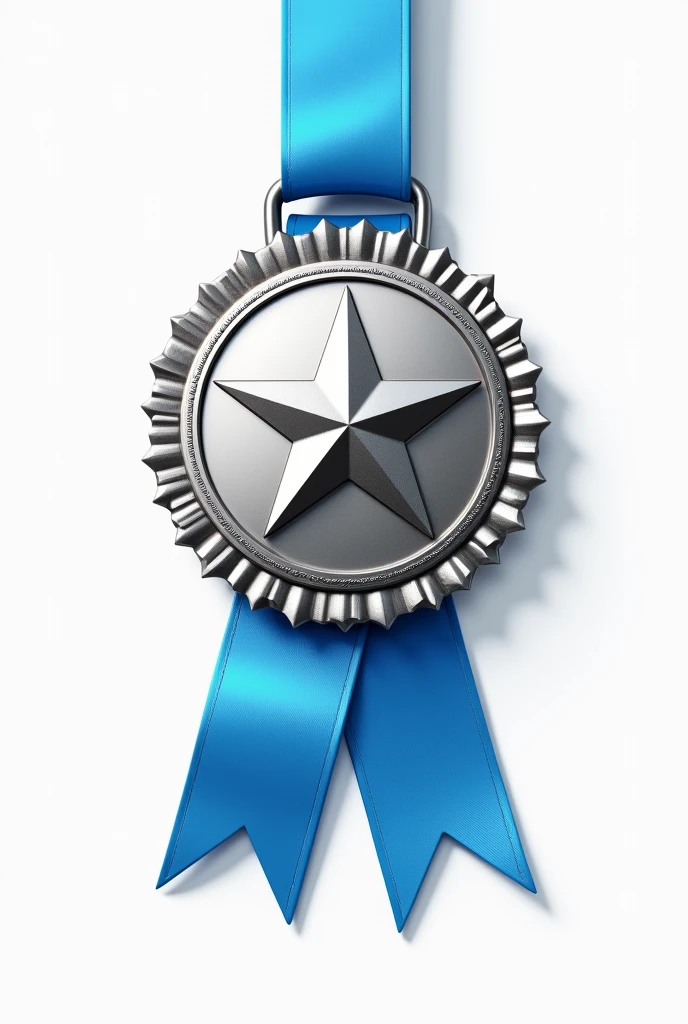 Silver medal with blue ribbon on white background with a star in the center