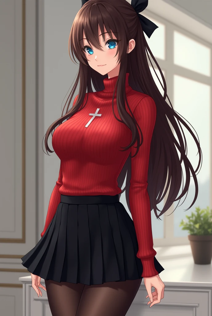 Rin Tohsaka, masterpiece, 8k, high quality, full body, small medium thighs, medium breasts, ,rin, blue eyes, brown hair, long hair, two sides up, parted bangs, black hair ribbon, red sweater, turtleneck, long sleeves, cross print, black skirt, pleated skirt, slim waist, sexy body, mini skirt , black pantyhose, full body