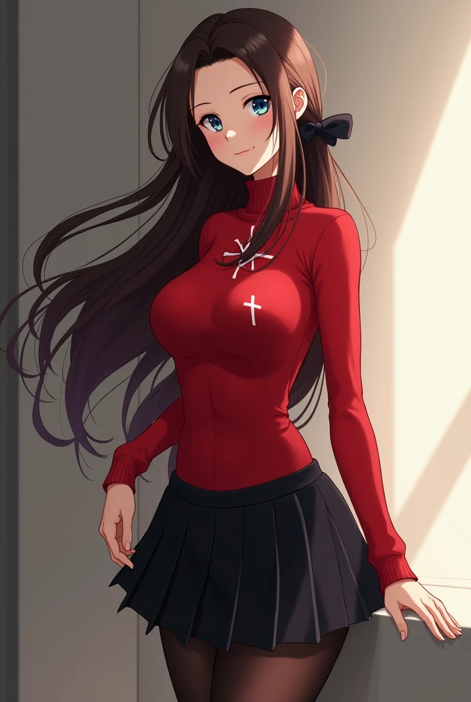 Rin Tohsaka, masterpiece, 8k, high quality, full body, small medium thighs, medium breasts, ,rin, blue eyes, brown hair, long hair, two sides up, parted bangs, black hair ribbon, red sweater, turtleneck, long sleeves, cross print, black skirt, pleated skirt, slim waist, sexy body, mini skirt , black pantyhose, full body