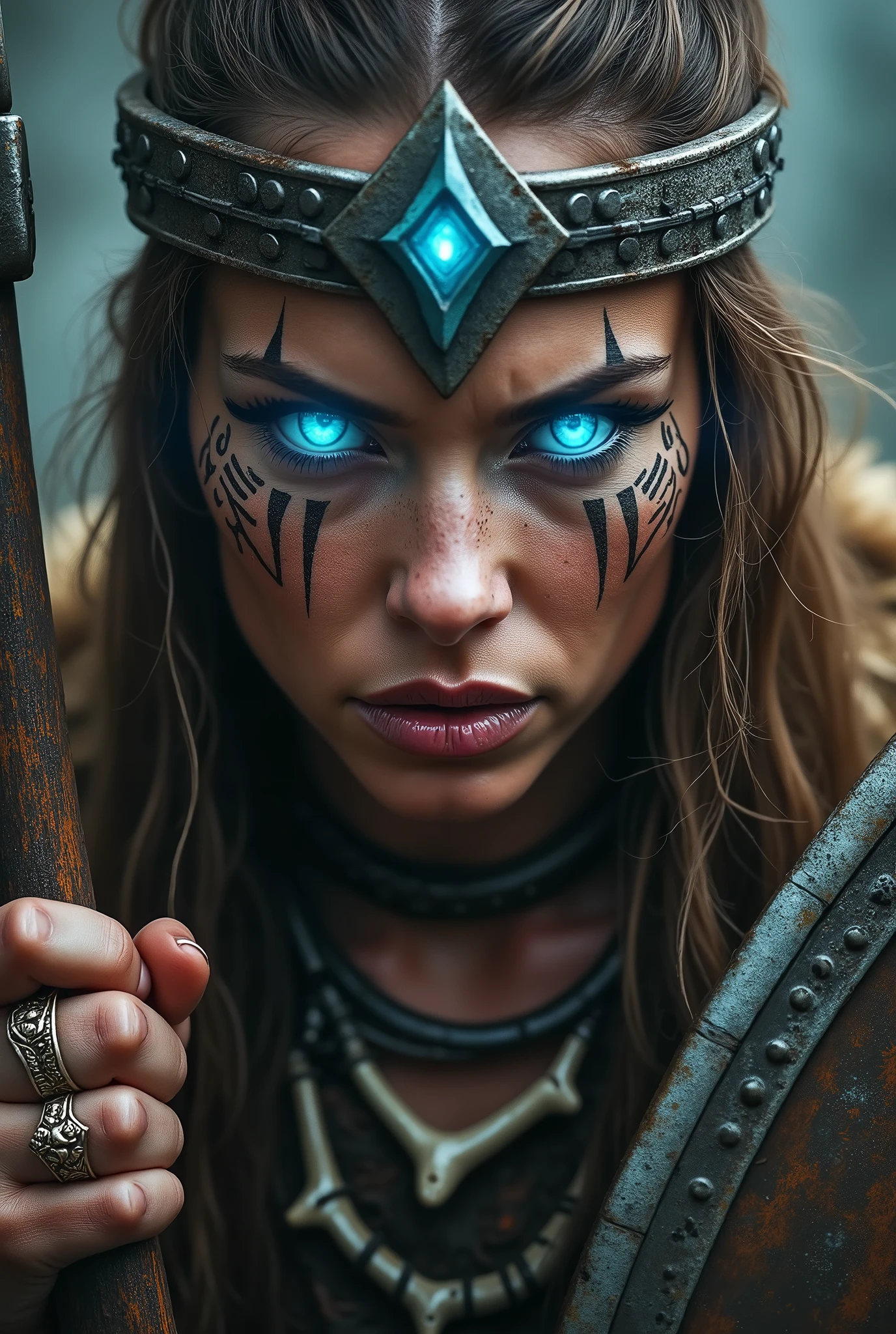 Close up face beautiful viking woman, axe and shield in hand , strong blue light in the eyes, war crown , tribal design on the eyes, Angry, bone necklace around the neck, battle armor, with hate, focused