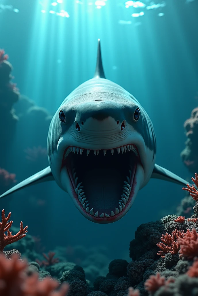Shark, corals in the background, ocean, fear, Terror, haze, dramatic lighting , cinematic lighting, best qualityer, hyper realist, highy detailed