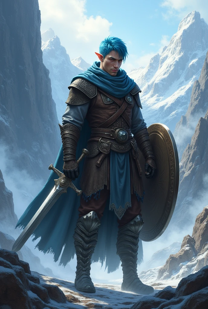 half-elf male warrior with hood and short blue hair