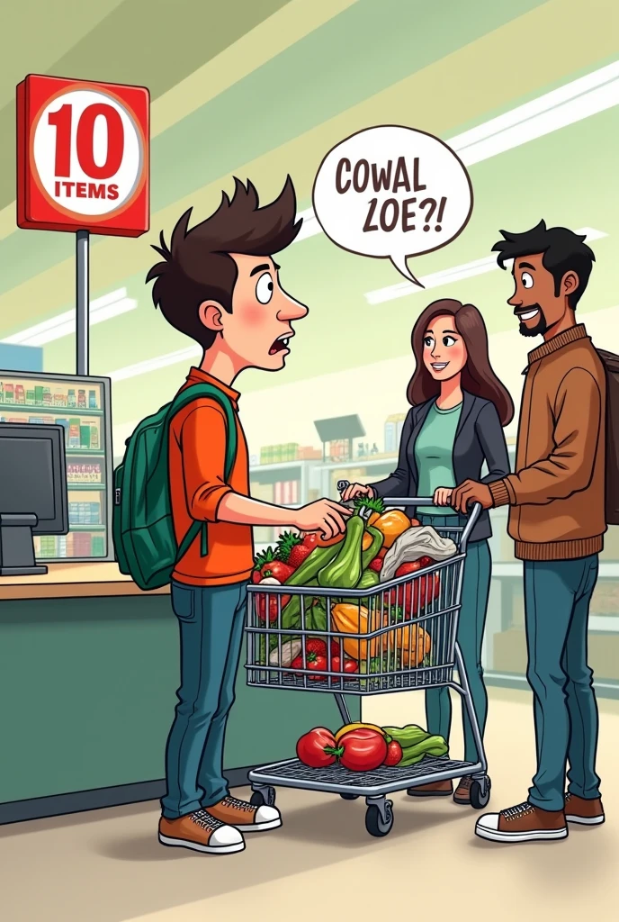Cartoon showing a college student standing in line at a supermarket with a full cart but a sign at the checkout that says maximum 10 items. Behind the student there are two people talking and one says to the other, I don't know if he is a Harvard student and can't count or an MIT student and can't read..