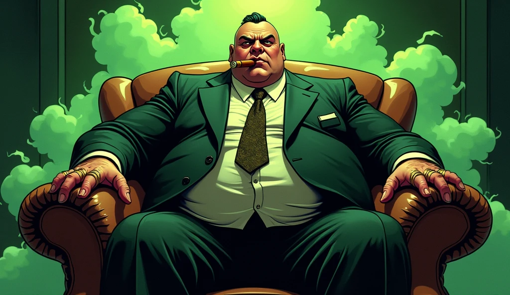 Beautiful morbidly obese female mob boss woman, wearing a mobster suit, sitting in a sofa chair, surrounded by olive green stink fumes, comic artsyyle