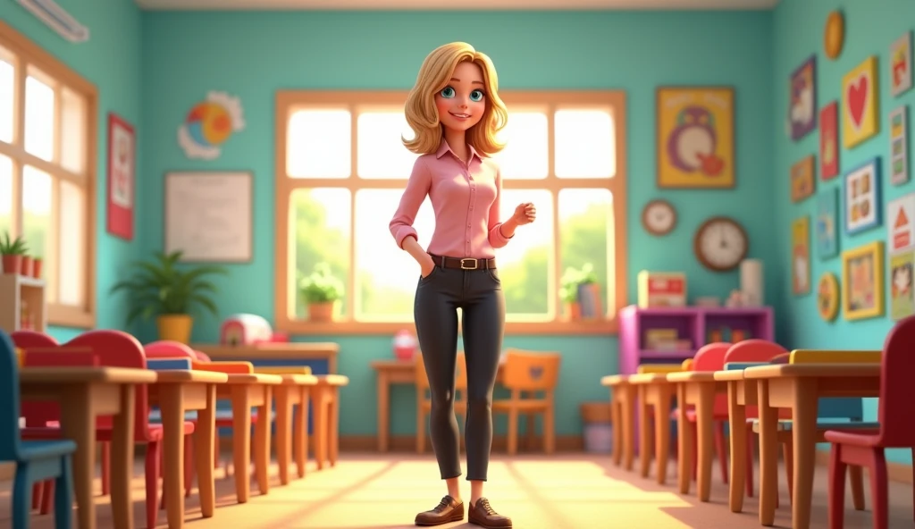 Seed Number: 12 - A teacher with 40 years old blond hair, size on the shoulders, blue eyes, black pants, light pink blouse, brown shoes. She is in a classroom, a colorful and fun place. Consistent character, Cartonn Pixar style