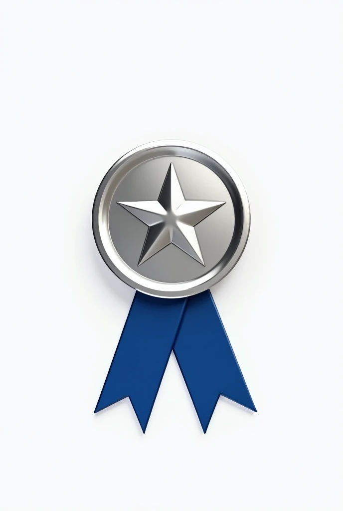 Silver medal with short blue ribbon on white background with a star in the center