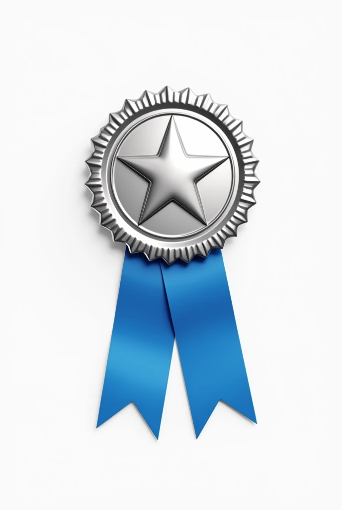 Silver medal with short blue ribbon on white background with a star in the center