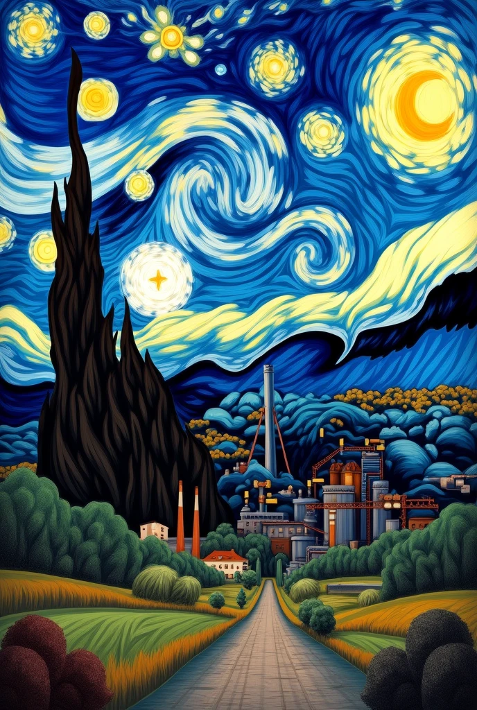 

"A reimagined version of Van Gogh's 'The Starry Night,' where the tranquil village is replaced by an industrialized landscape. The swirling skies remain vibrant, but the ground below is dominated by factories with tall smokestacks releasing dark plumes of smoke into the night air. The hills are covered with machinery and industrial buildings, and the cypress tree is replaced by metal towers. The contrast between the natural beauty of the sky and the encroaching industrialization on the land below captures the tension between nature and human progress."