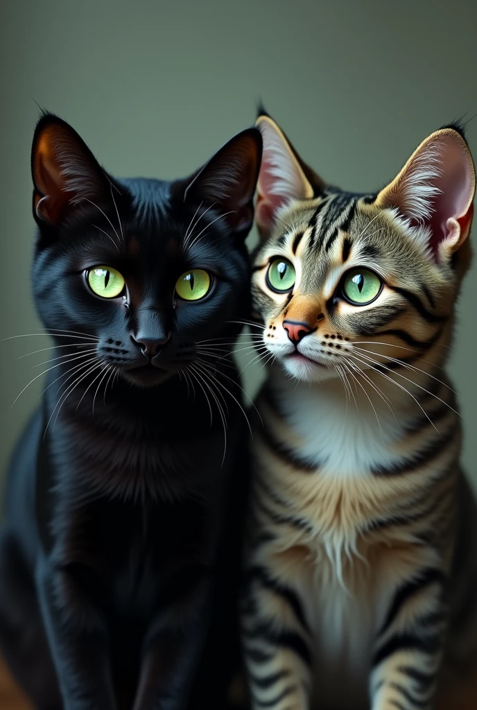 Black cat with green eyes and tabby cat with white green eyes