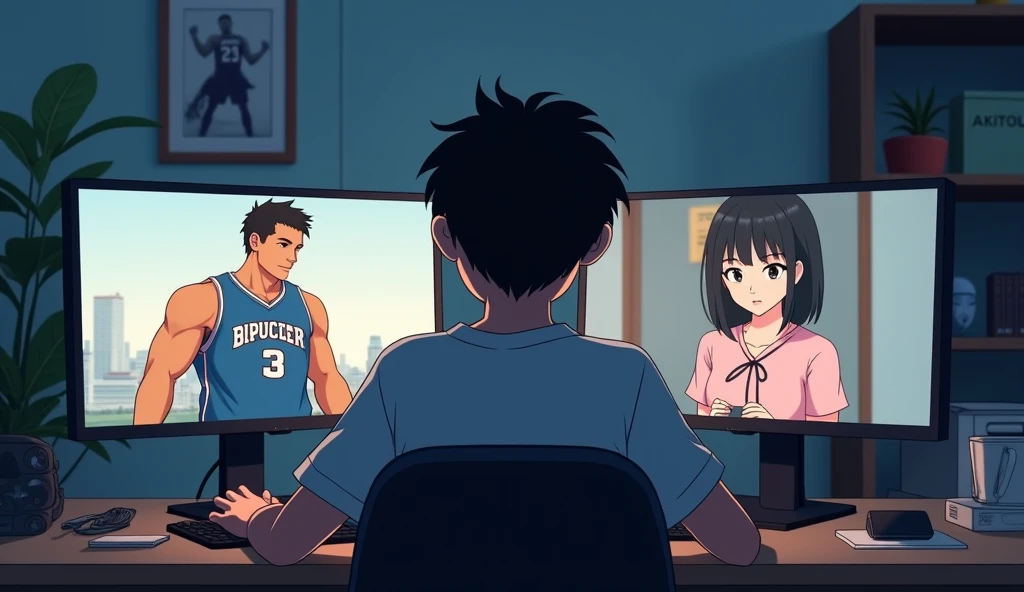 A teenage boy of approximately , stomach 1.90, with medium weight, sitting at a desk in front of his computer with two screens, On the first screen a video of a popular boy is shown, muscled man playing basketball. On the second screen you see a video of a pretty girl with oriental features., especially from Japan, with black hair, seeds, and a little short with white skin but not pale. The teenager is specifically looking at the second screen. All this in the afternoon, in his room which is a bit messy.