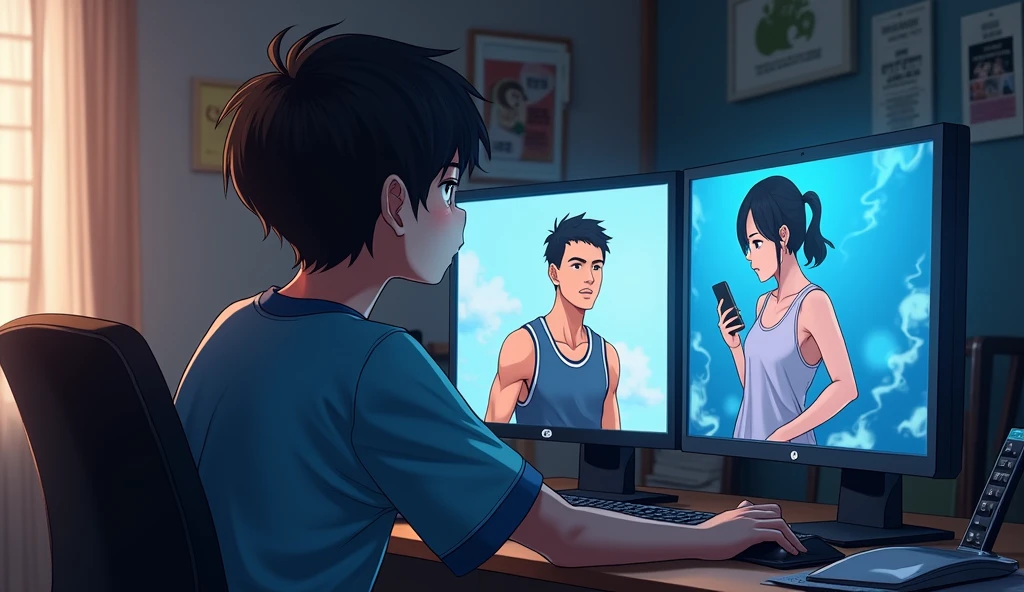 A teenage boy of approximately , stomach 1.90, with medium weight, sitting at a desk in front of his computer with two screens, On the first screen a video of a popular boy is shown, muscled man playing basketball. On the second screen you see a video of a pretty girl with oriental features., especially from Japan, with black hair, seeds, and a little short with white skin but not pale, She is distracted looking at her cell phone. The teenager is specifically looking at the second screen. All this in the afternoon, in his room which is a bit messy