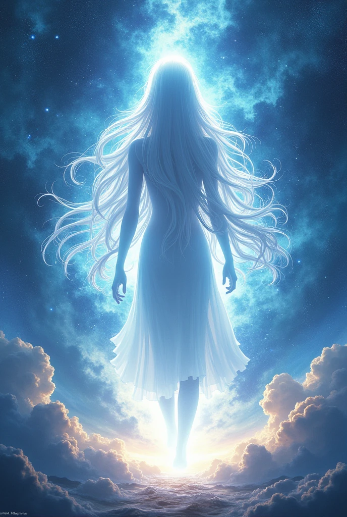 Luminous white silhouette, silhouette of a long luminous white hair, Galaxies atmosphere, divine power, anime style. 