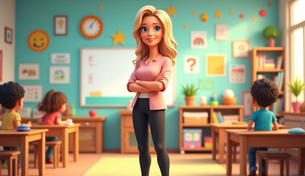 Seed Number: 12 - A teacher with 40 years old blond hair, size on the shoulders, blue eyes, black pants, light pink blouse, brown shoes. She is in a kindergarten classroom, a colorful and fun place. Consistent character, Cartonn Pixar style