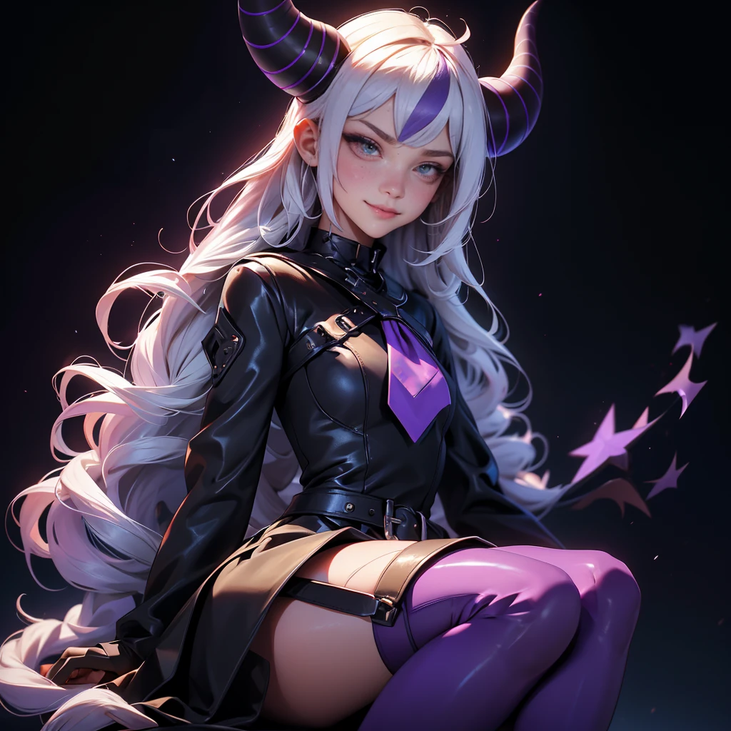 envision a 8k, highres, cinematic, beautiful close up portrait of a girl named Laplus Darkness with long white muilticolored hair, a Large Metal Collar, purple color scheme, sleeves past wrists, sleeves past fingers, braid, Long sleeves, single leg pantyhose, ascot, Black footwear, Dress, Metal collar, long boots, Black Dress, Collar, pantyhose, single thigh high, Evil smile, Exposed arms, against a dark background