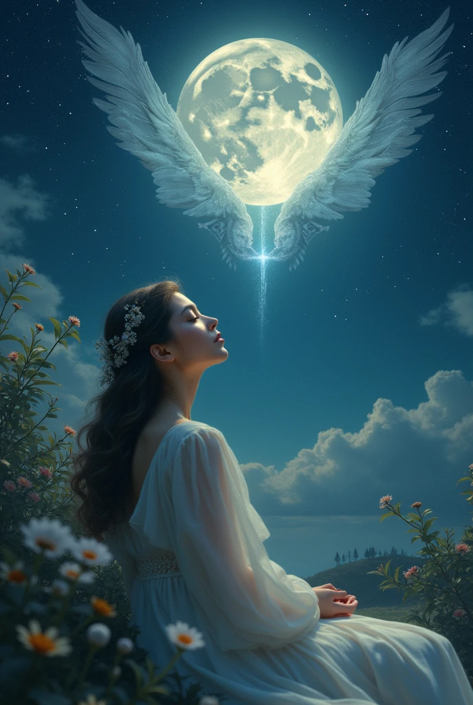 Woman listening to music at night angel