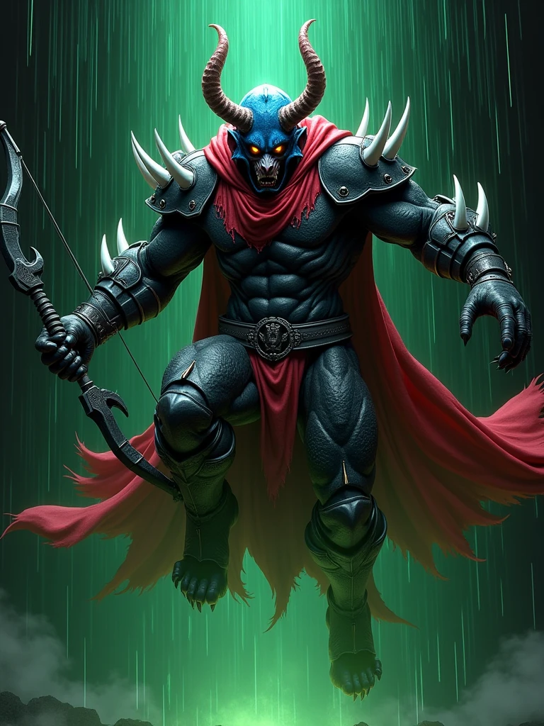 a stocky and muscular devil ballion commander of the shadow army, wearing a blue helmet with three horns, black armor clothes with white flared joints, carrying a large long bow, sharp hooves and fangs, wearing a red robe, with a scary expression and killing lust, in a dynamic jumping pose in the air against a black background with a green text falling effect like rainwater, (best quality,4k,8k,highres,masterpiece:1.2),ultra-detailed,(realistic,photorealistic,photo-realistic:1.37),extremely detailed eyes and face,longeyelashes,vivid colors,studio lighting,physically-based rendering,horror,concept art
