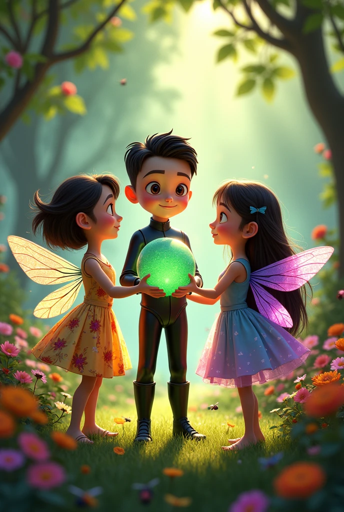 Make a Pixar-style poster. There are three ren, the girl left has dark brown hair, Caucasian skin, Longhaire, your eyes are black, put on a flowery dress, do with open arms and dragonfly wings on your back. The middle child is a ,kedback hair, with quiff, tem a Caucasian skin, eyes browns, wearing a black leather jumpsuit, is holding a glowing sphere in green and purple colors. The one on the right is a twin of the other one, tem os Longhaire, dark brown, Caucasian skin, eyes black. Put on a blue and purple dress, on his back he has dragonfly wings and his arms are open. Basically, make a beautiful garden, with dragonflies flying and beetles on the ground.